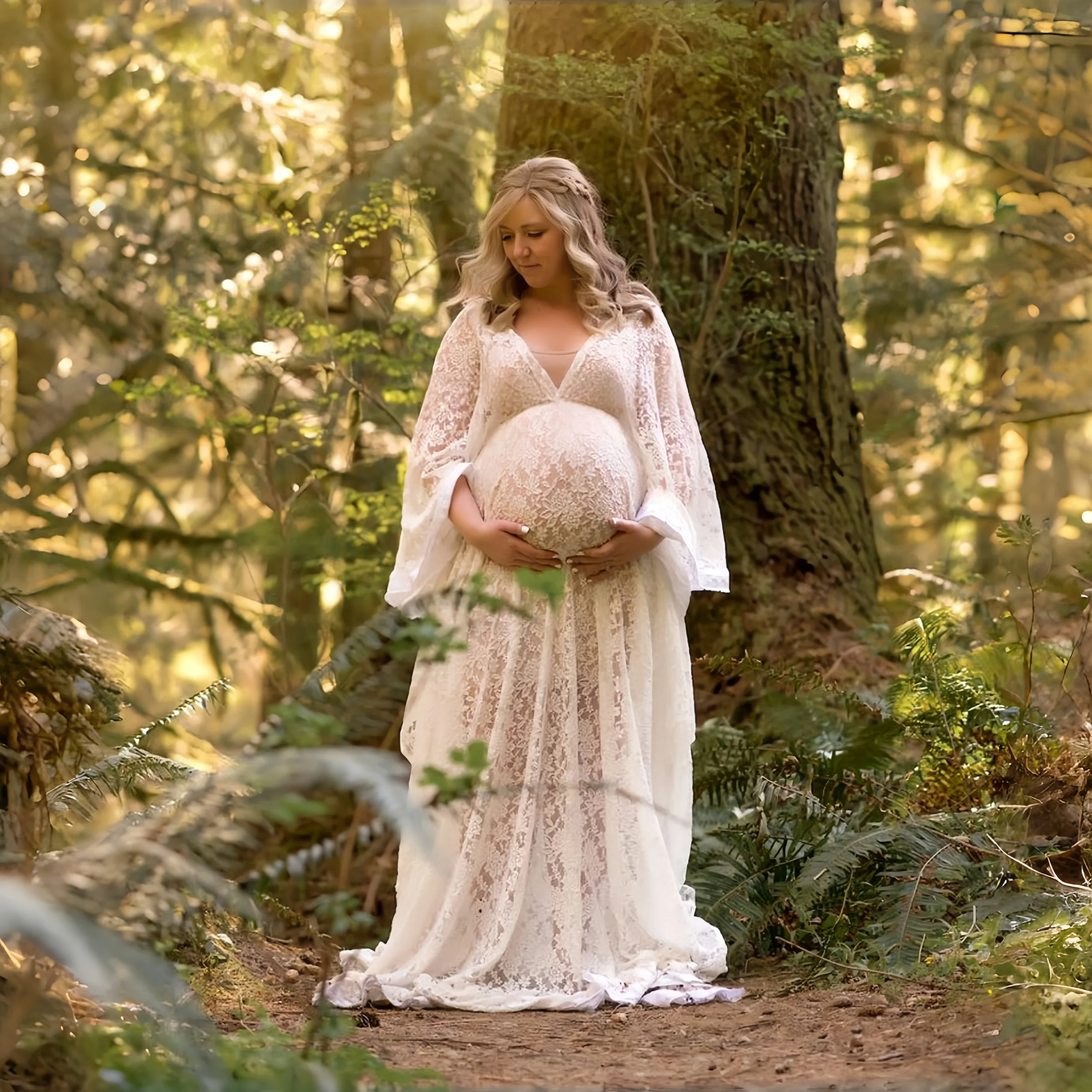 Vestido de embarazo bohemio de encaje con cola larga para fotos - imagen 2