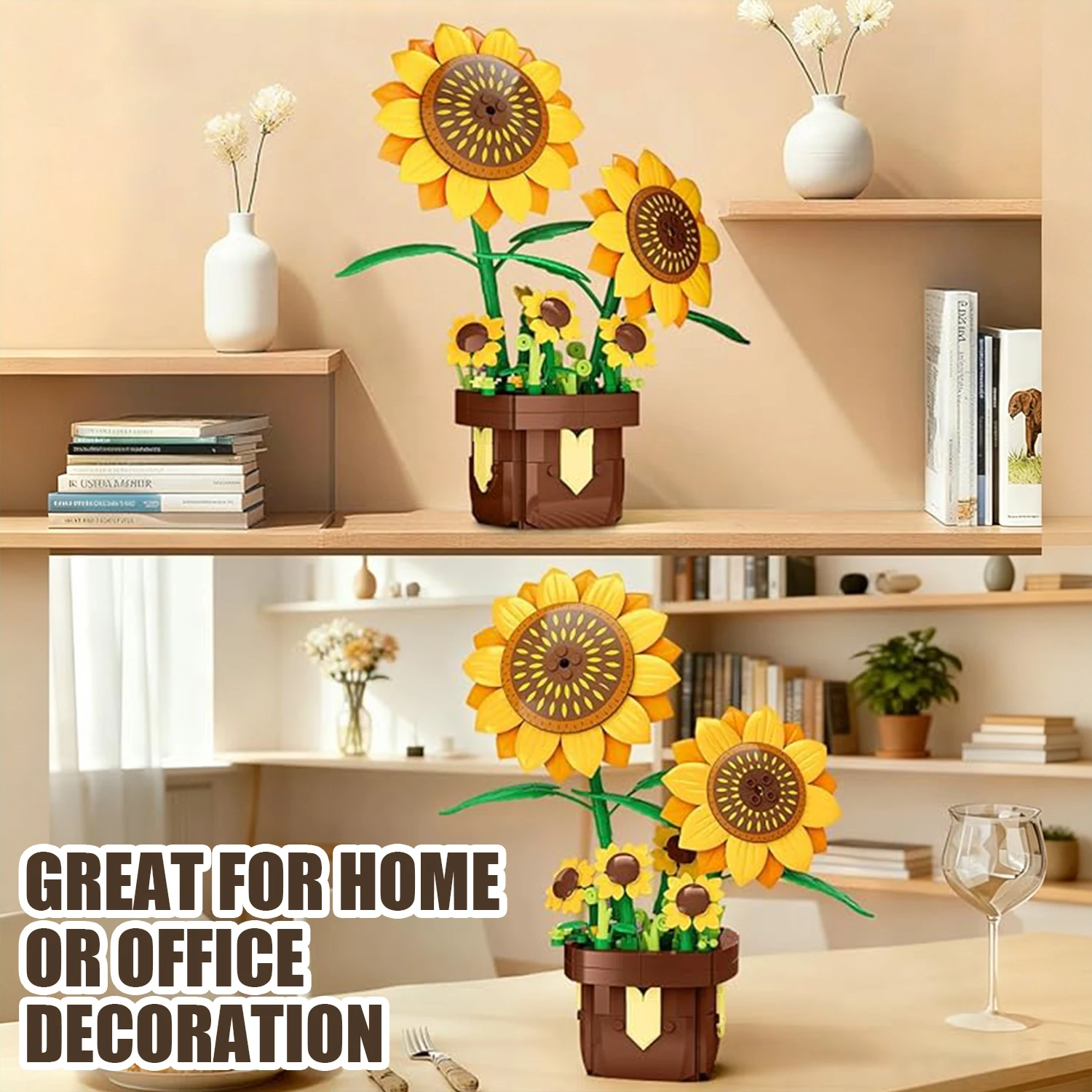 Set bloques de construcción bonsái girasol con flores en maceta