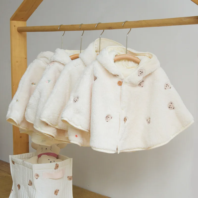 INS Capa con capucha para niños - Poncho bordado de lana Coral