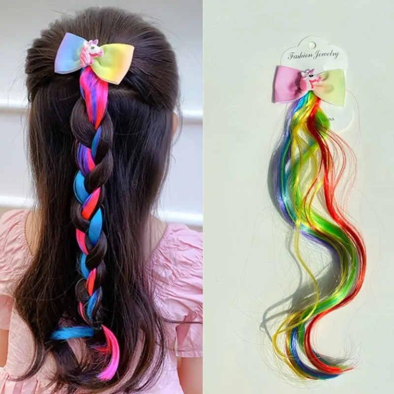 Peluca de unicornio brillante con coleta colorida para niña - imagen 4