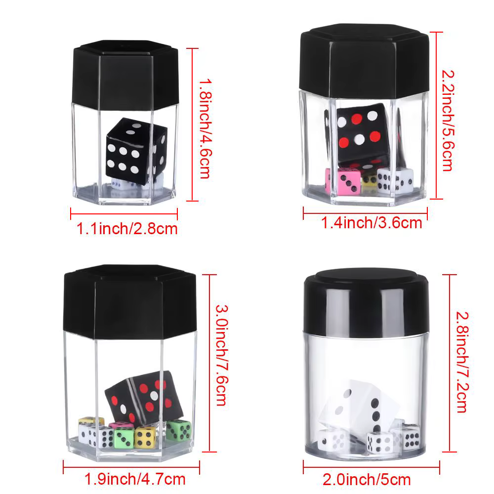 Dados de magia en recipiente transparente