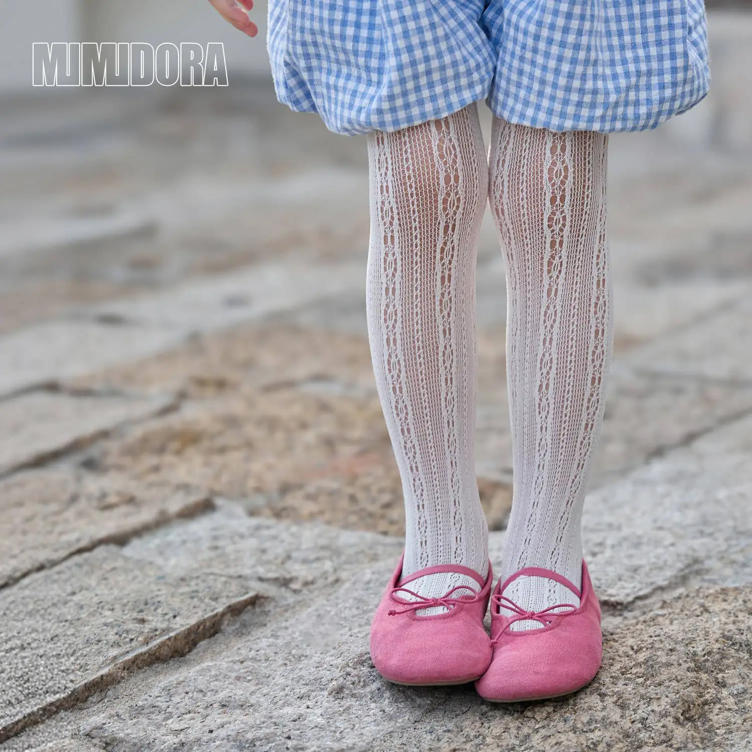 Pantimedias de malla fina jacquard para niña, beige y blanco suaves - imagen 4