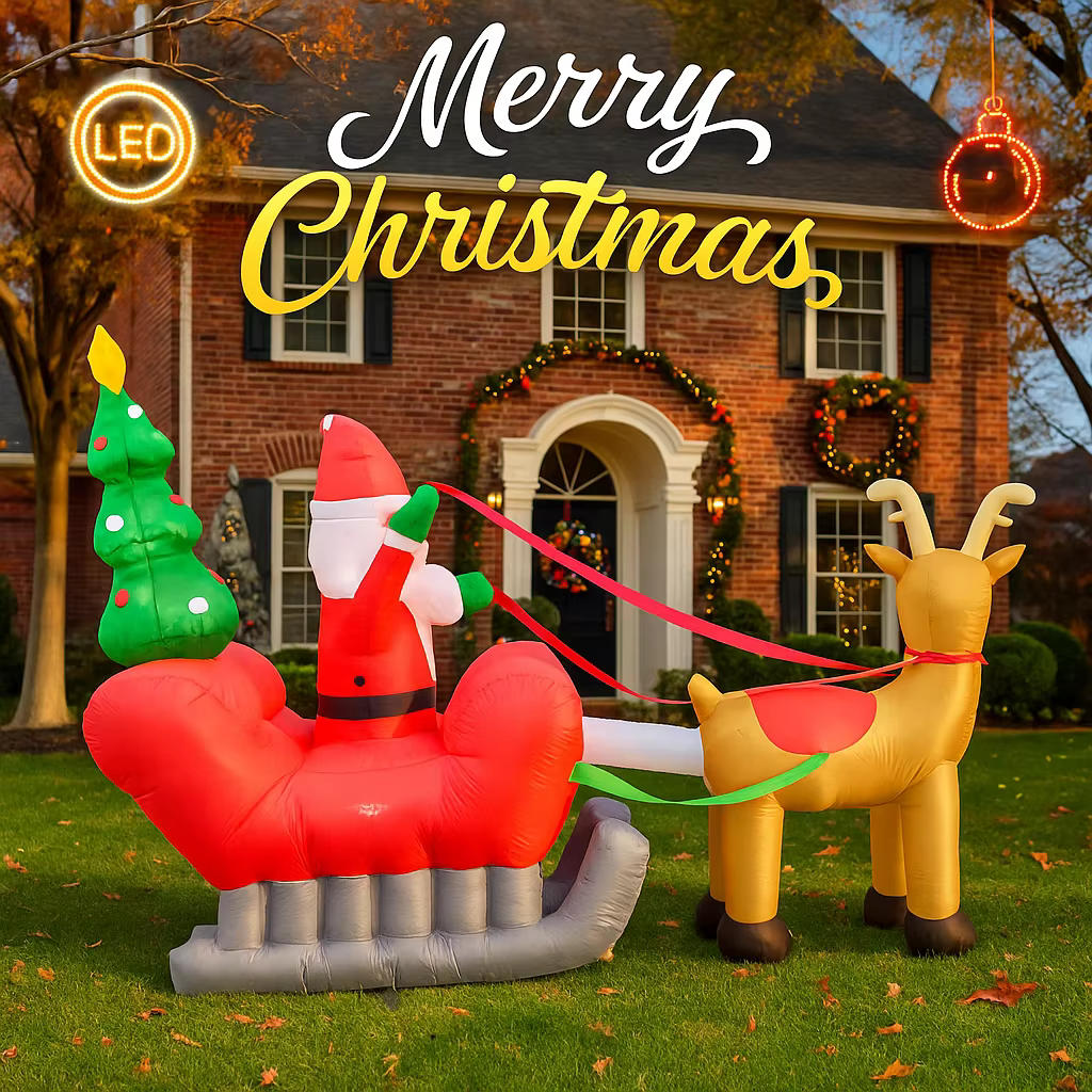 Detalle del inflable con Papá Noel y renos en patio decorado