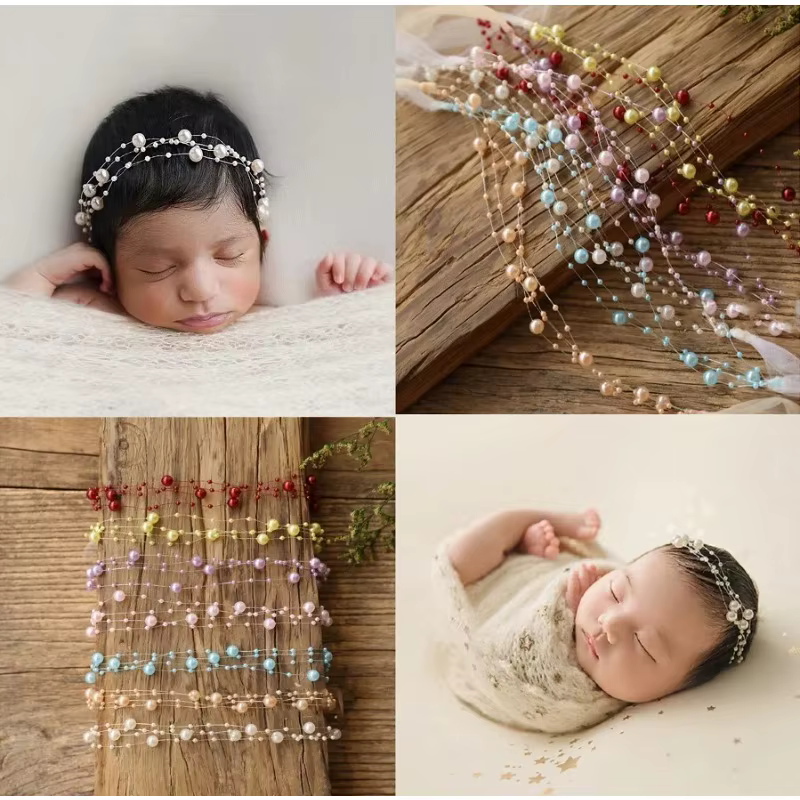 Diademas de perlas para bebé recién nacido en sesiones fotográficas - imagen 3