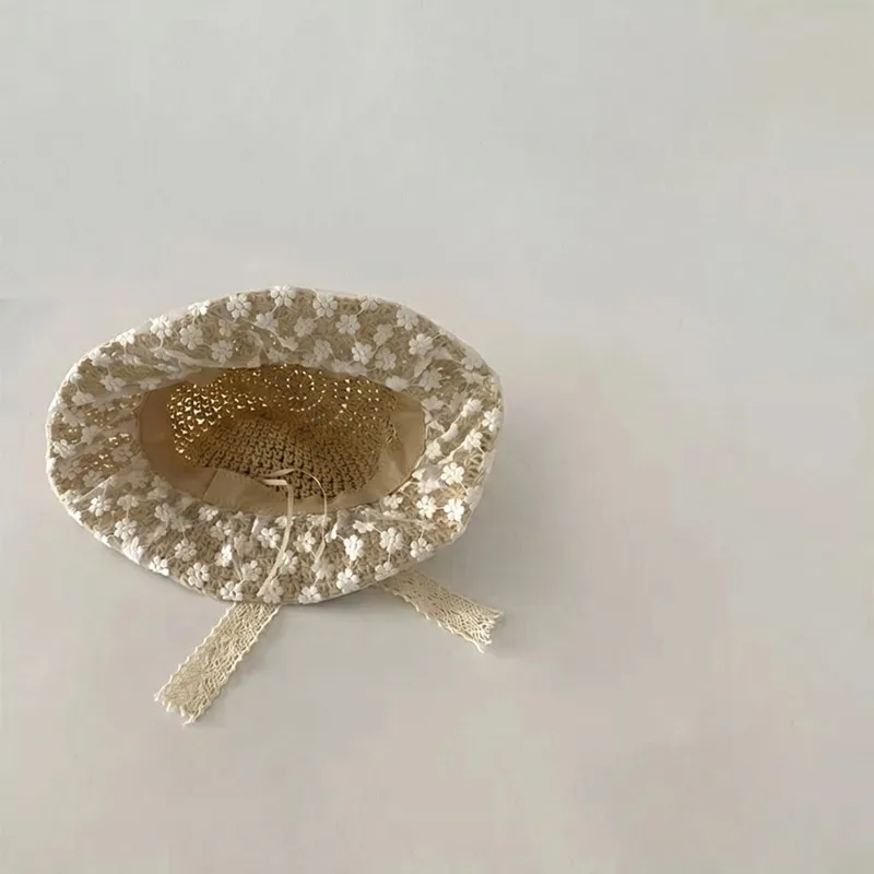 Sombrero de sol de paja con lazo y encaje floral para niña - imagen 2