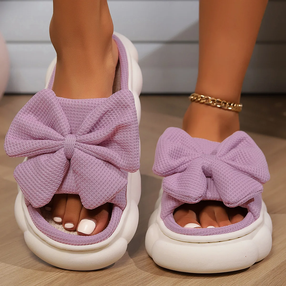 Zapatillas de casa en lino y algodón con lazo grande antideslizante