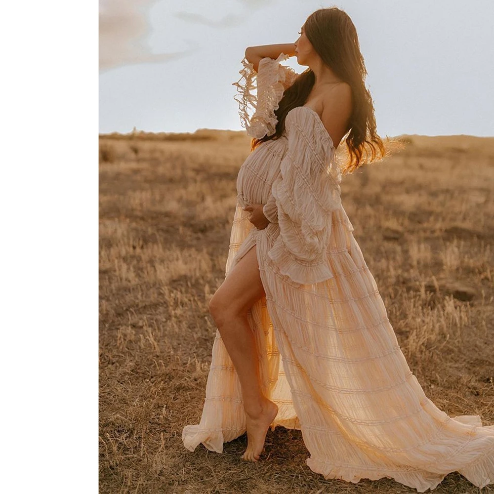 Vestido bohemio de maternidad para fotos – Gasa plisada y manga larga - imagen 4