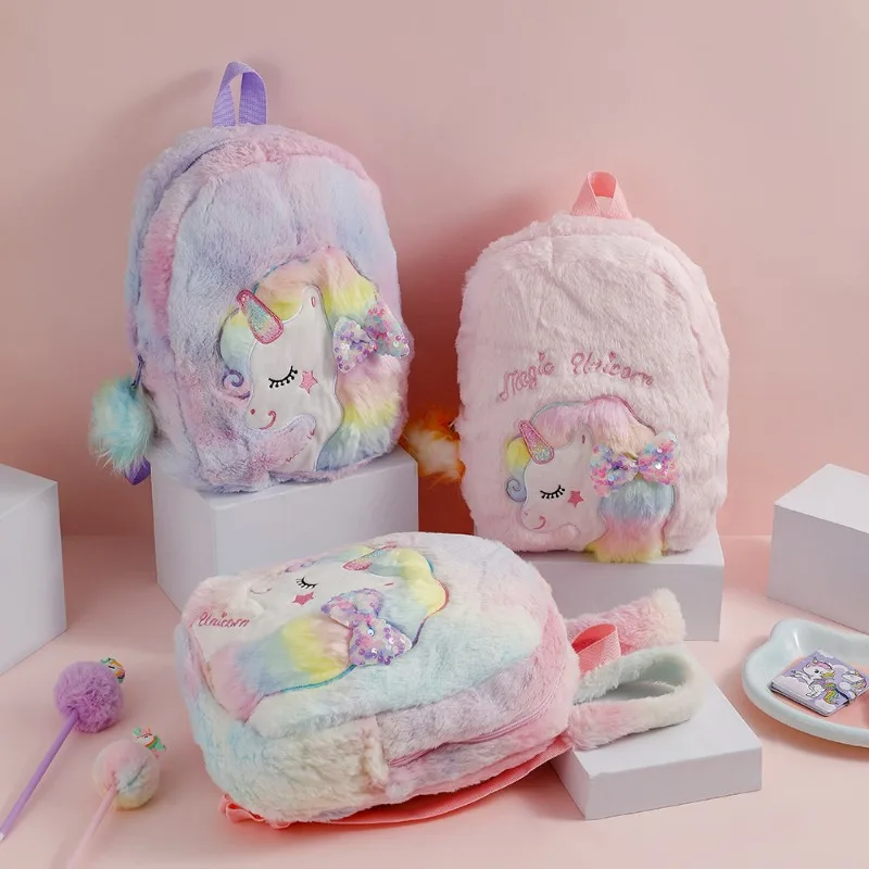 Mochila infantil de unicornio felpa esponjosa para guardería