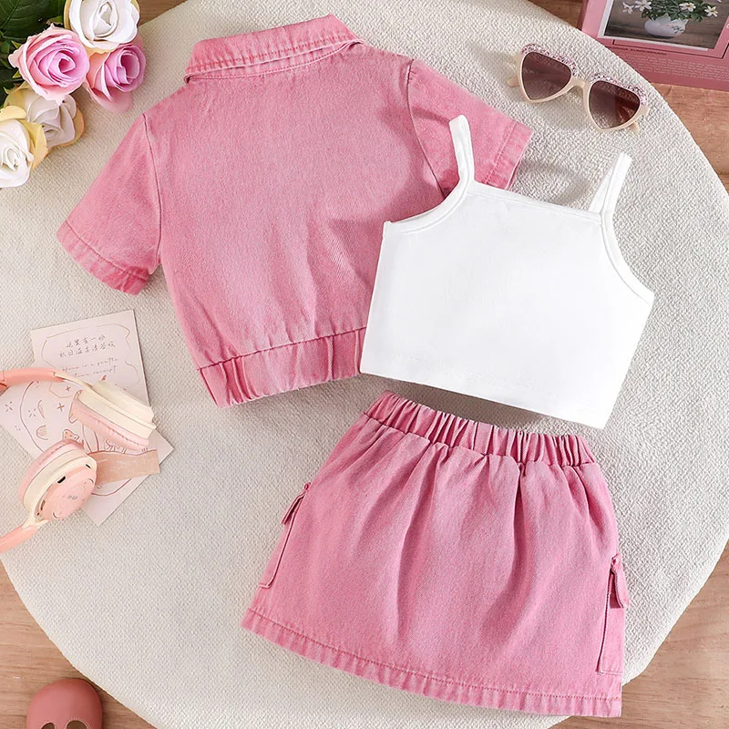 Conjunto de verano para niña en tejido vaquero rosa, falda y top - imagen 3