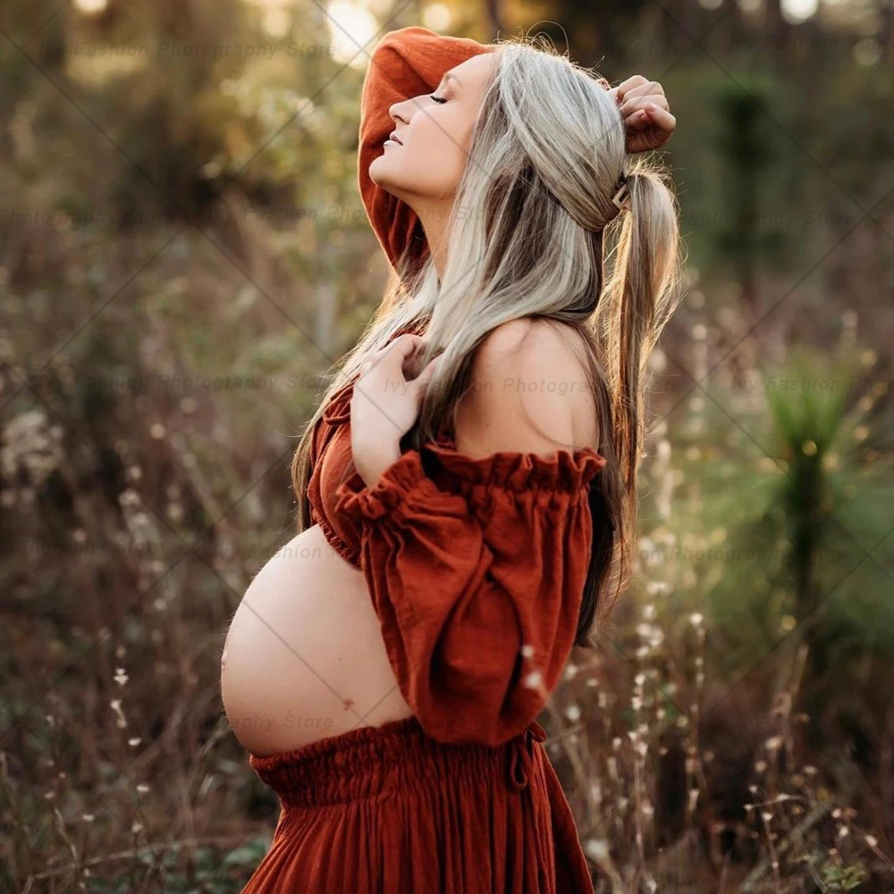 Vestido bohemio de maternidad en algodón y lino, manga larga - imagen 2