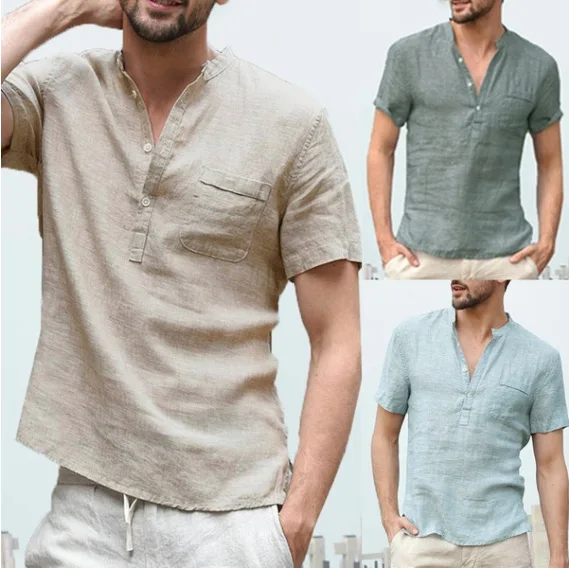 Camisa de manga corta delgada con cuello alto semicerrado, color sólido