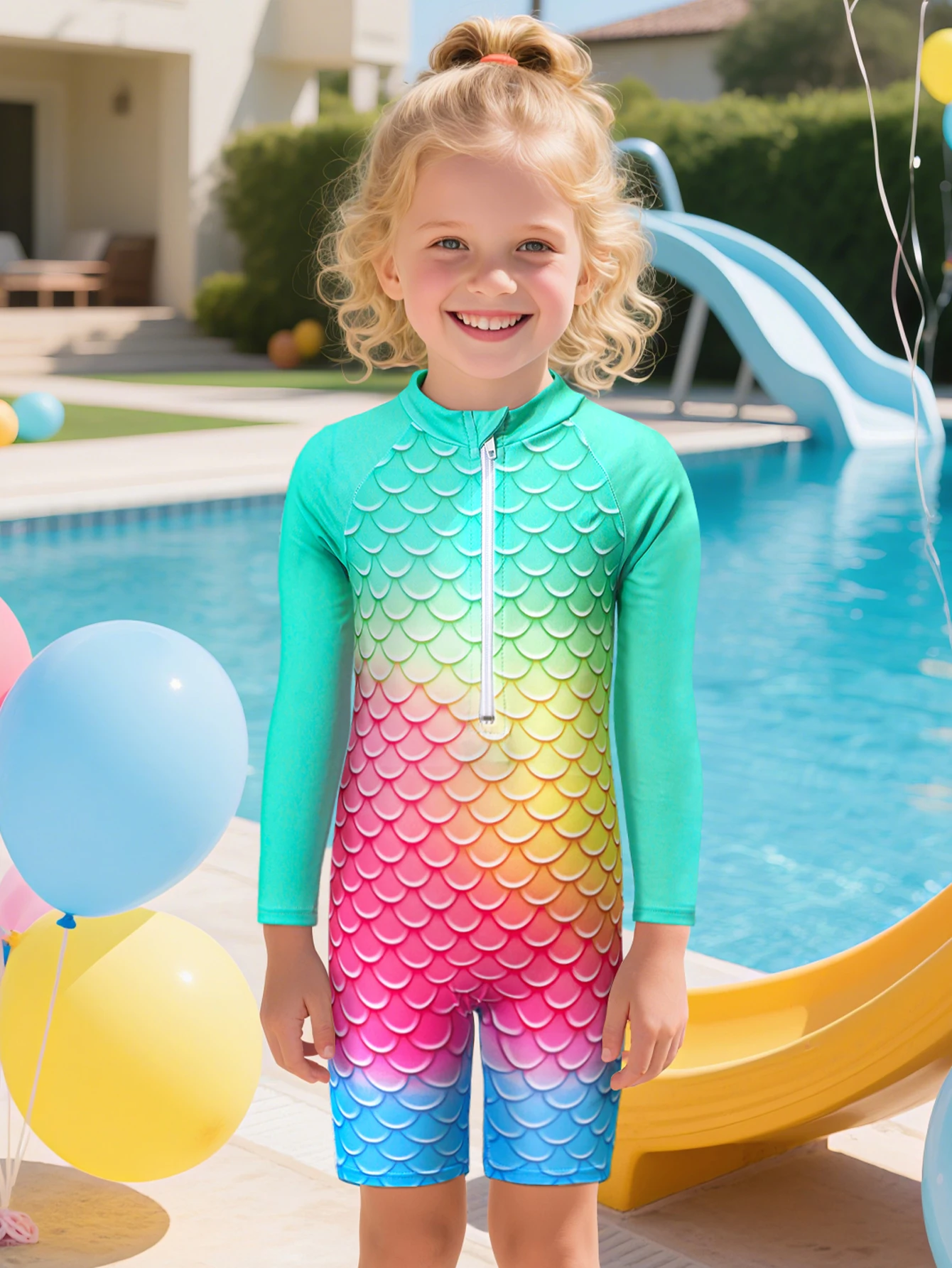 Niña con traje de baño de sirena mostrando el estampado de escamas