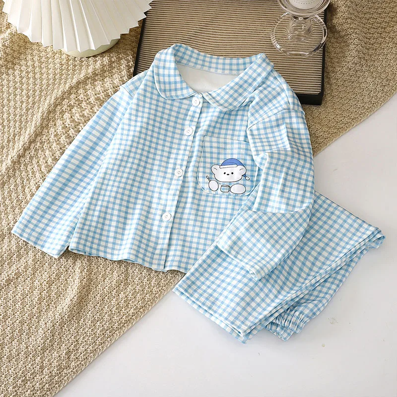 Conjunto pijama niña osos a cuadros suave para primavera - imagen 3