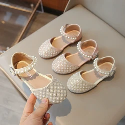 Sandalias de cuero para niña estilo princesa con perlas primavera