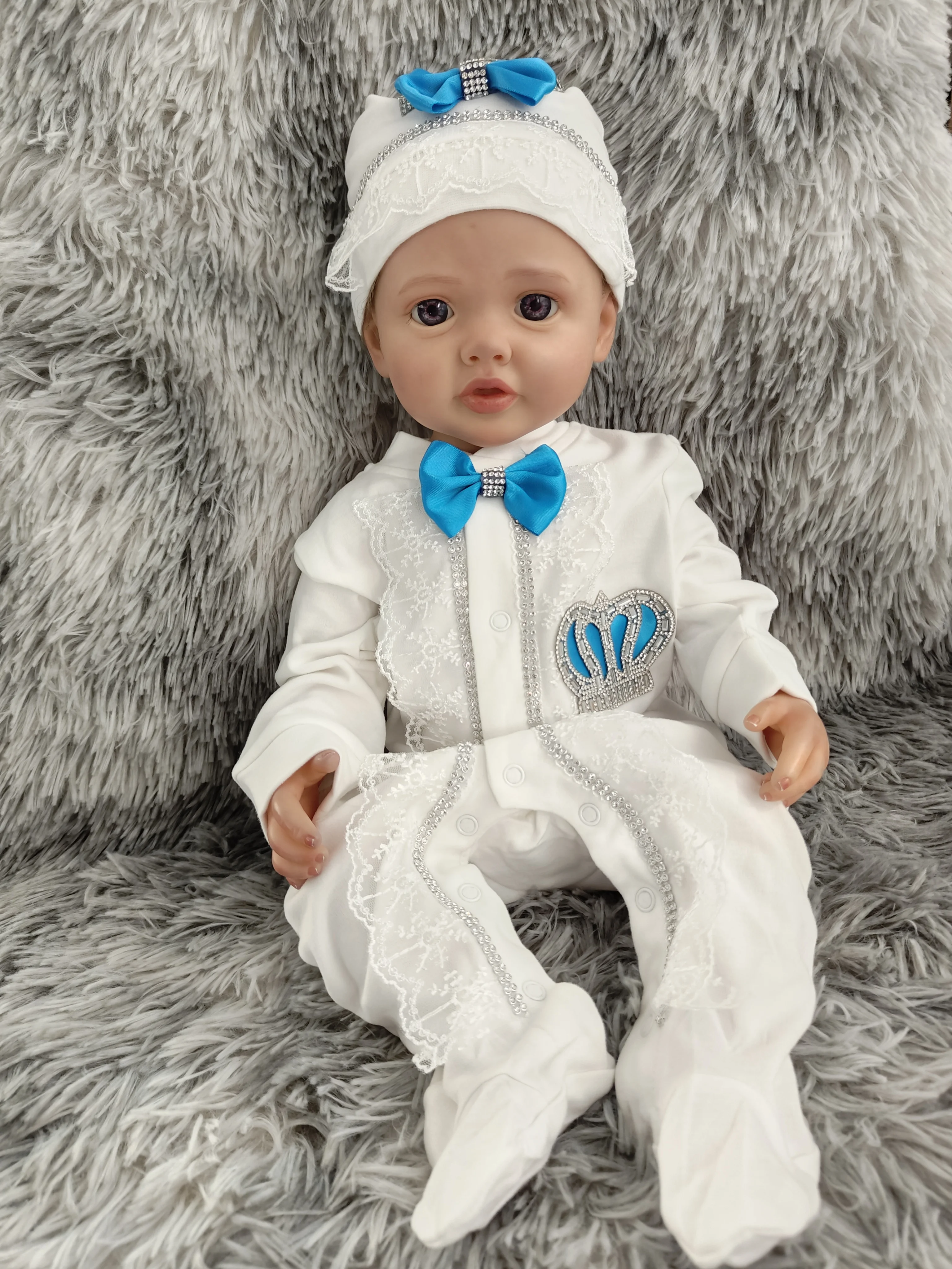 Traje de bautizo para bebé con encaje, gorro y manoplas unisex - imagen 5