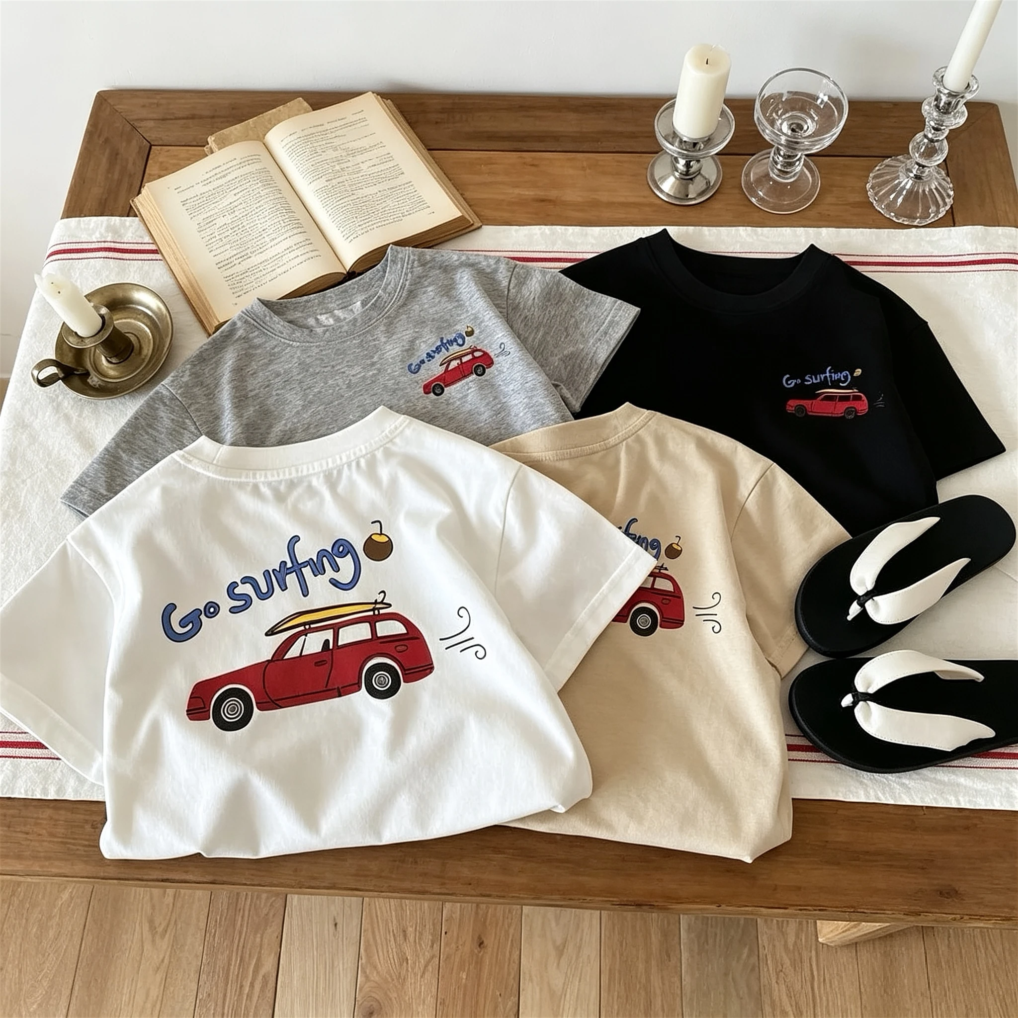 Camisetas de manga corta infantiles de algodón, cuello redondo