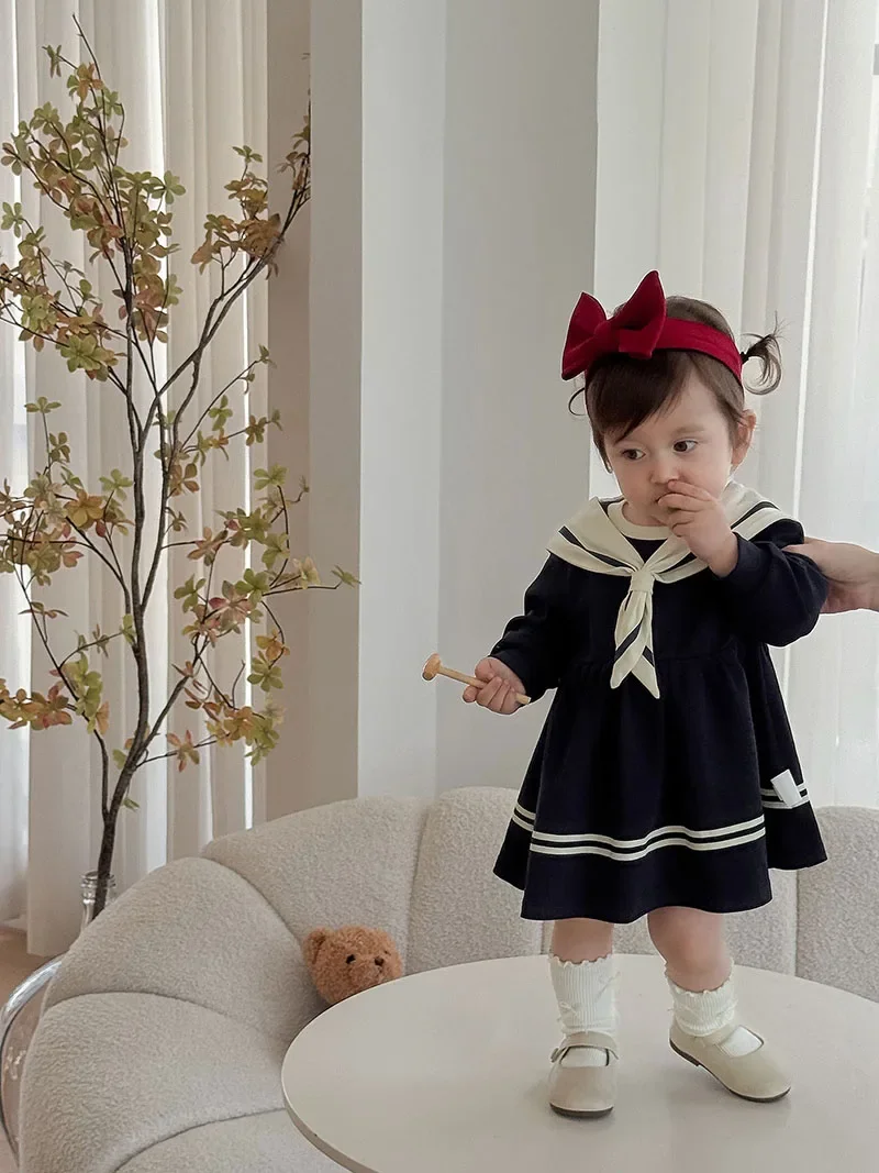 MILANCEL Vestido de otoño para niñas – Princesa azul marino suave - imagen 3