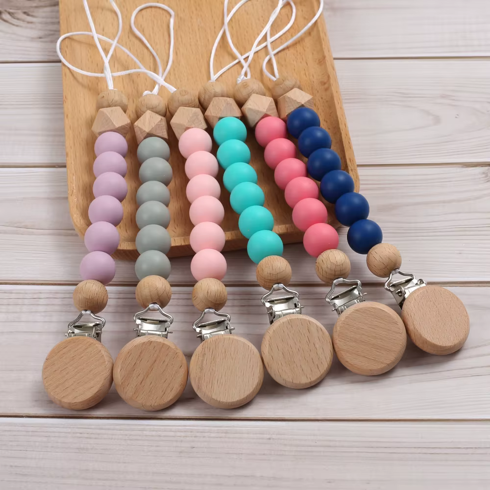 Cadena chupete silicona para bebé mordedor – Madera y colorido