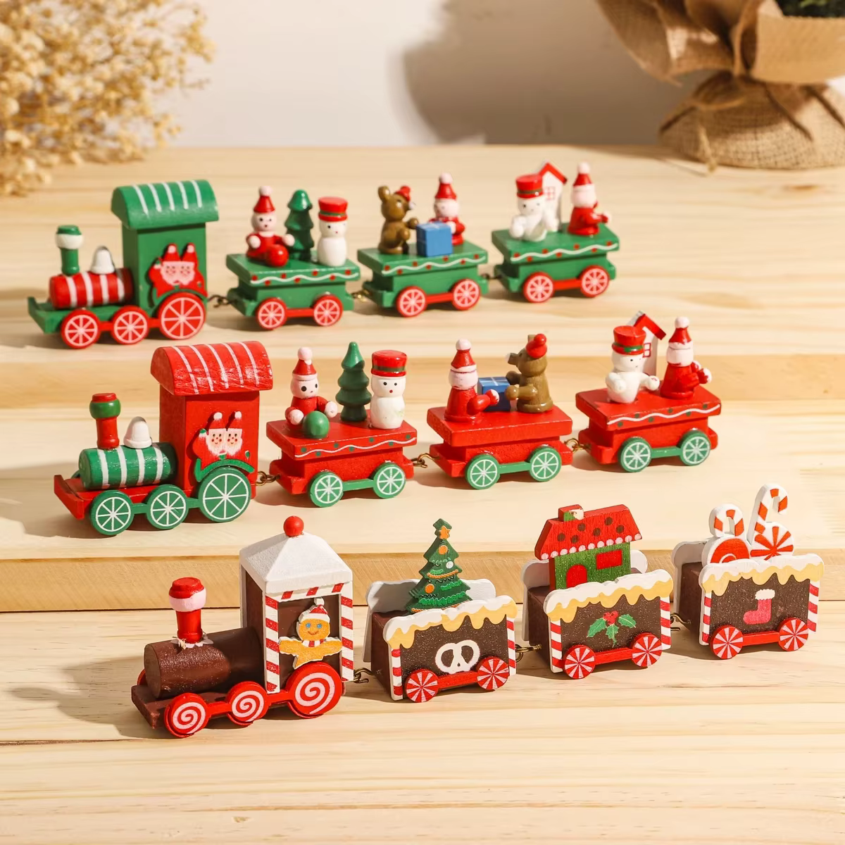 Tren de Navidad decorativo de madera y cristal con locomotive y vagones sobre rieles