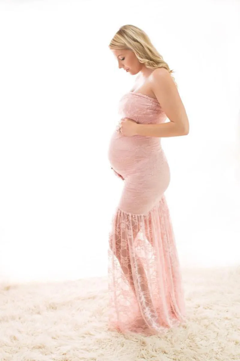 Vestido de encaje rosa sin tirantes para fotos de maternidad - imagen 5