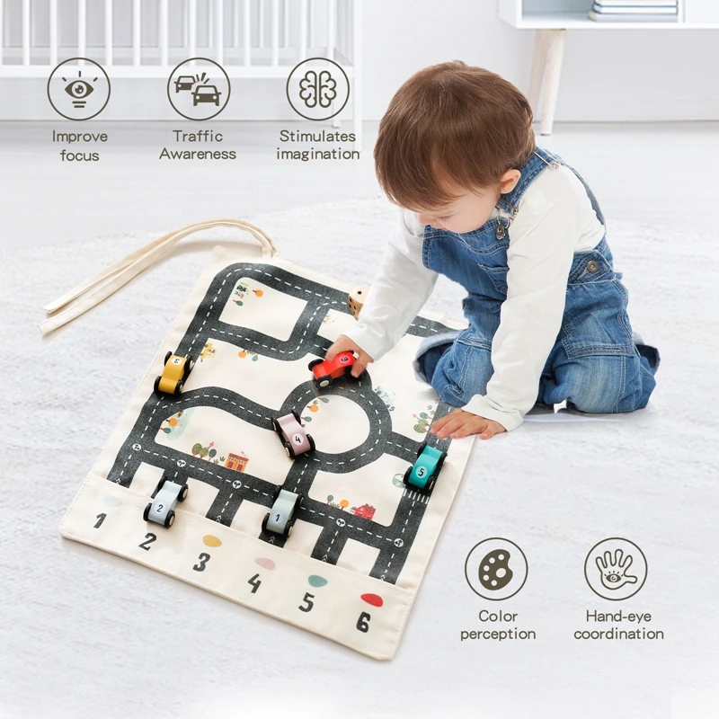 Tapete Montessori lona con mapa tráfico y coche madera para bebé - imagen 3