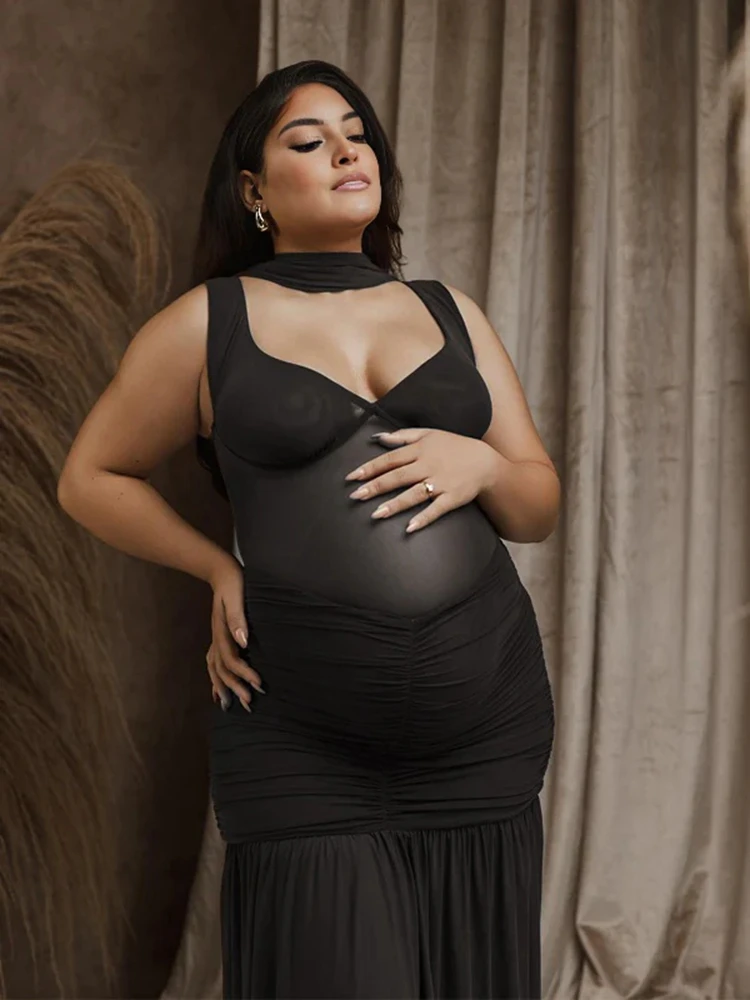 Vestido maternidad negro malla transparente sesión fotográfica embarazo - imagen 5