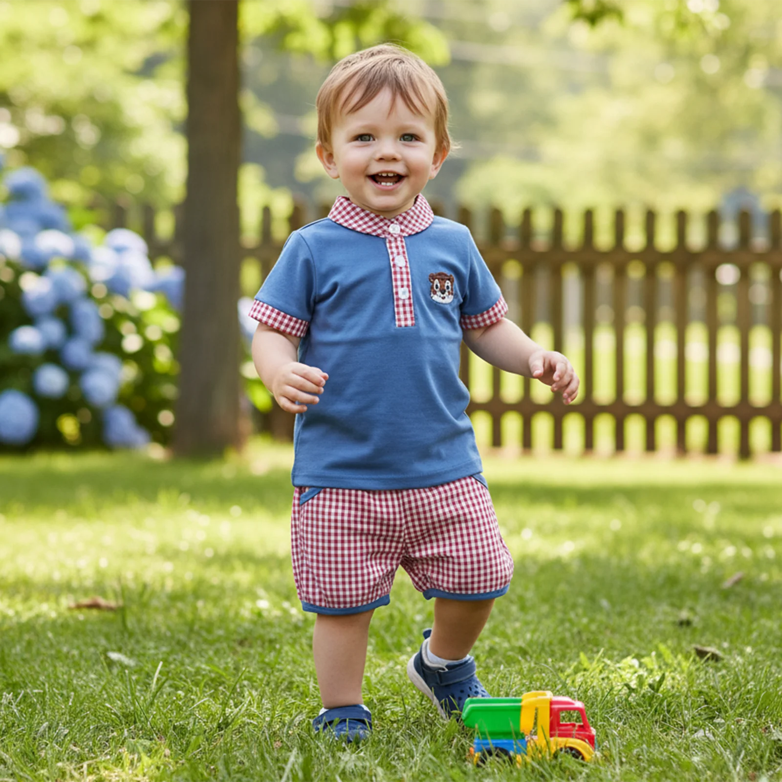 Conjunto bebé verano camiseta bordado animal pantalón cuadros - imagen 4