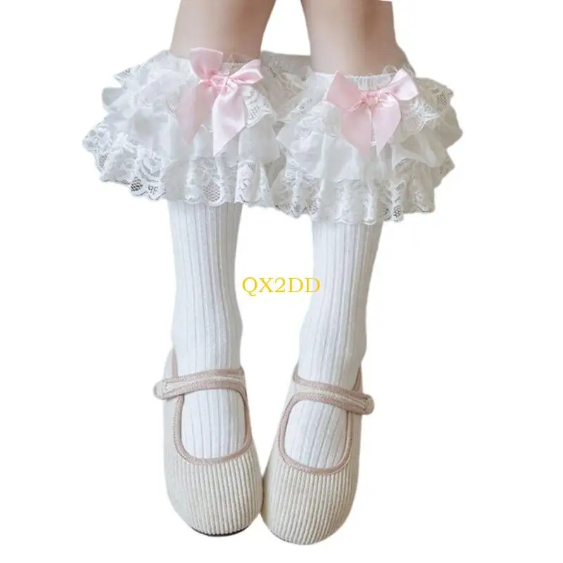 QX2D Calcetines de vestir algodón con encaje y lazo para otoño - imagen 3