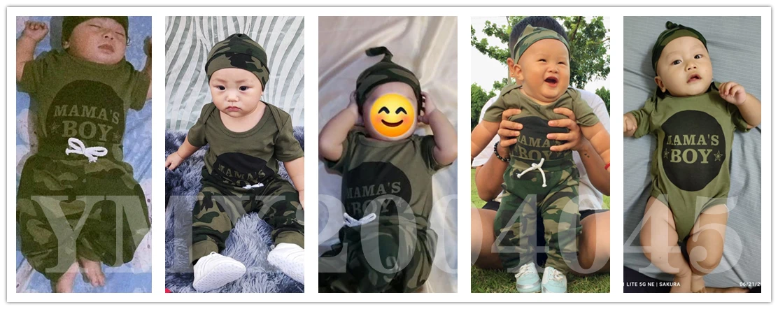 Conjunto completo de ropa de bebé con mono estampado y pantalones camuflaje