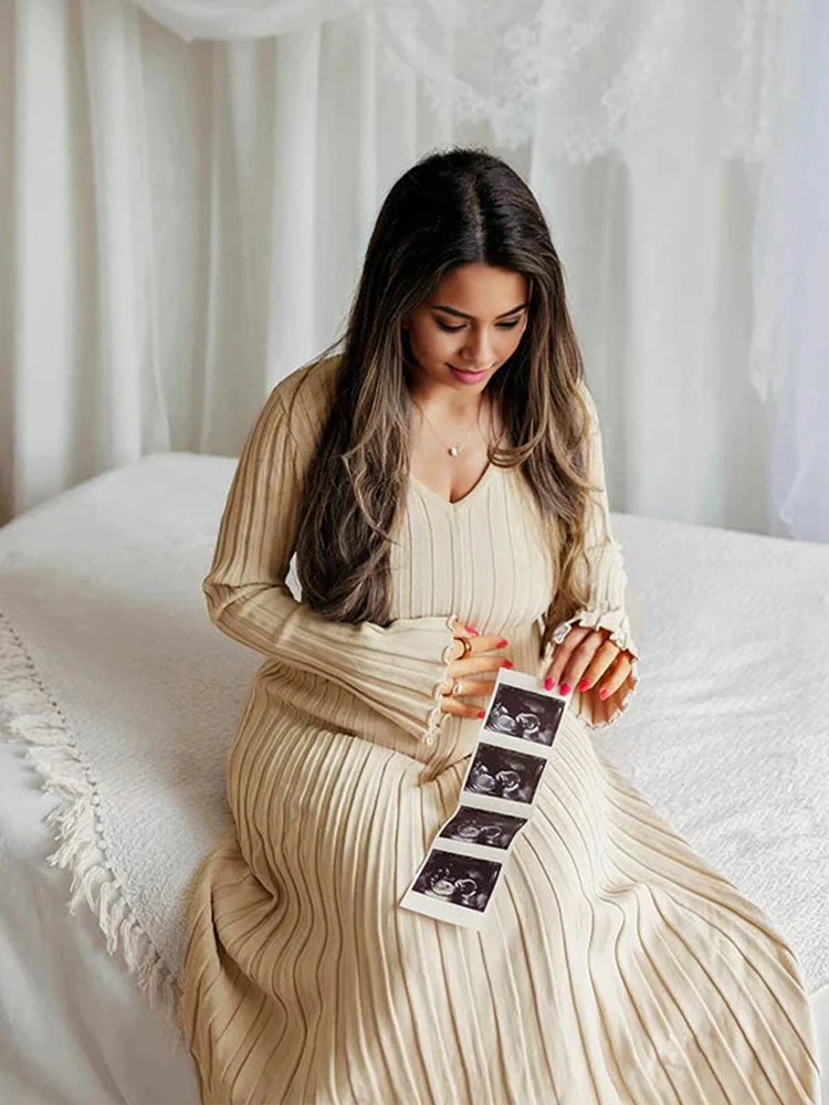 Vestido de maternidad maxi con cuello en V para otoño e invierno - imagen 5