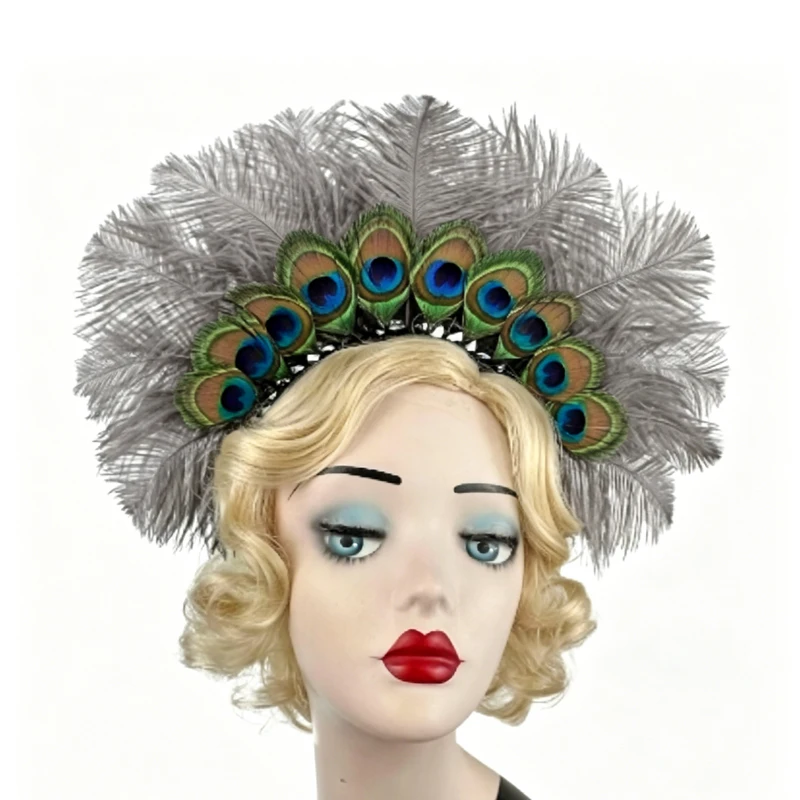 Diadema de plumas de pavo real verde oscuro estilo años veinte carnaval - imagen 2