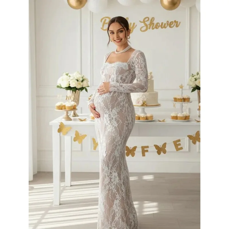 Vestido de encaje largo transparente para sesión de maternidad - imagen 4