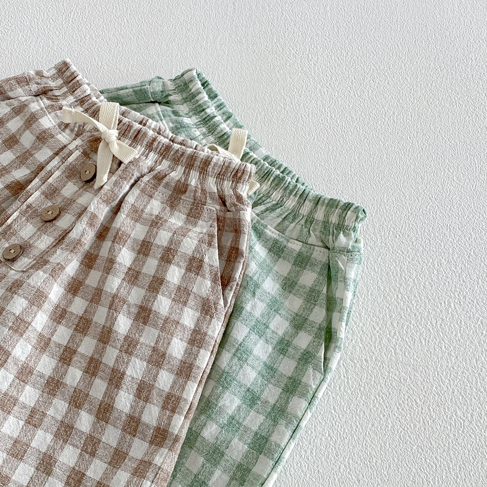 Bermudas de niño lino y algodón a cuadros – estilo vintage sueltas - imagen 2
