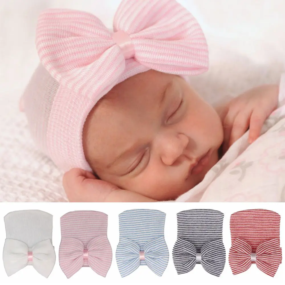 Gorro turbante rayado suave para bebé con lazo – guardería y hospital - imagen 5