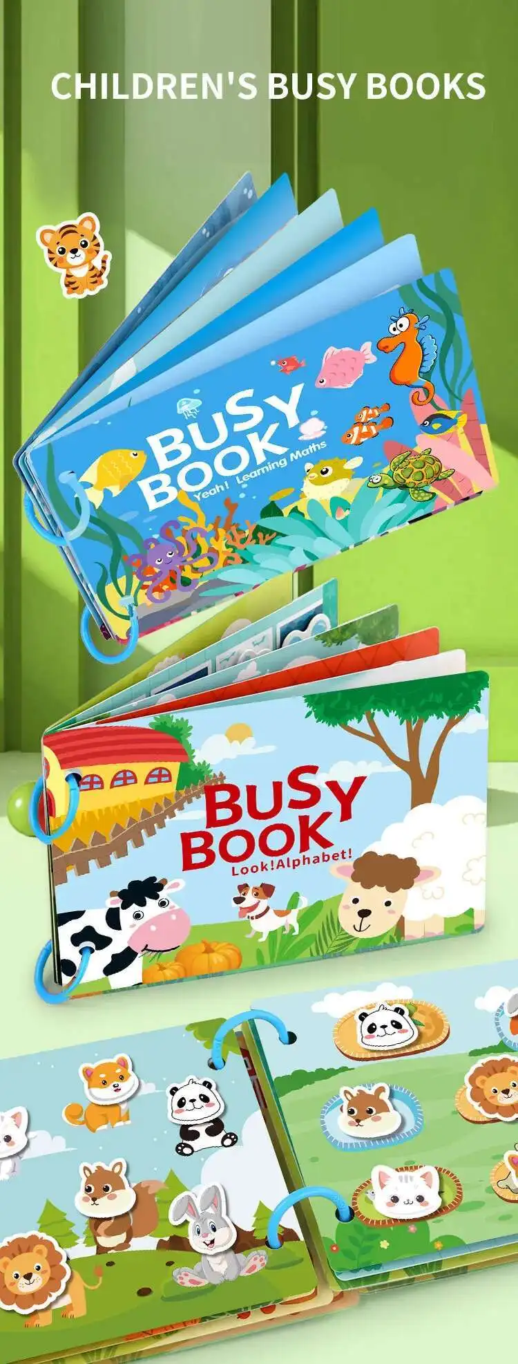 Niños interactuando con un libro de actividades Montessori
