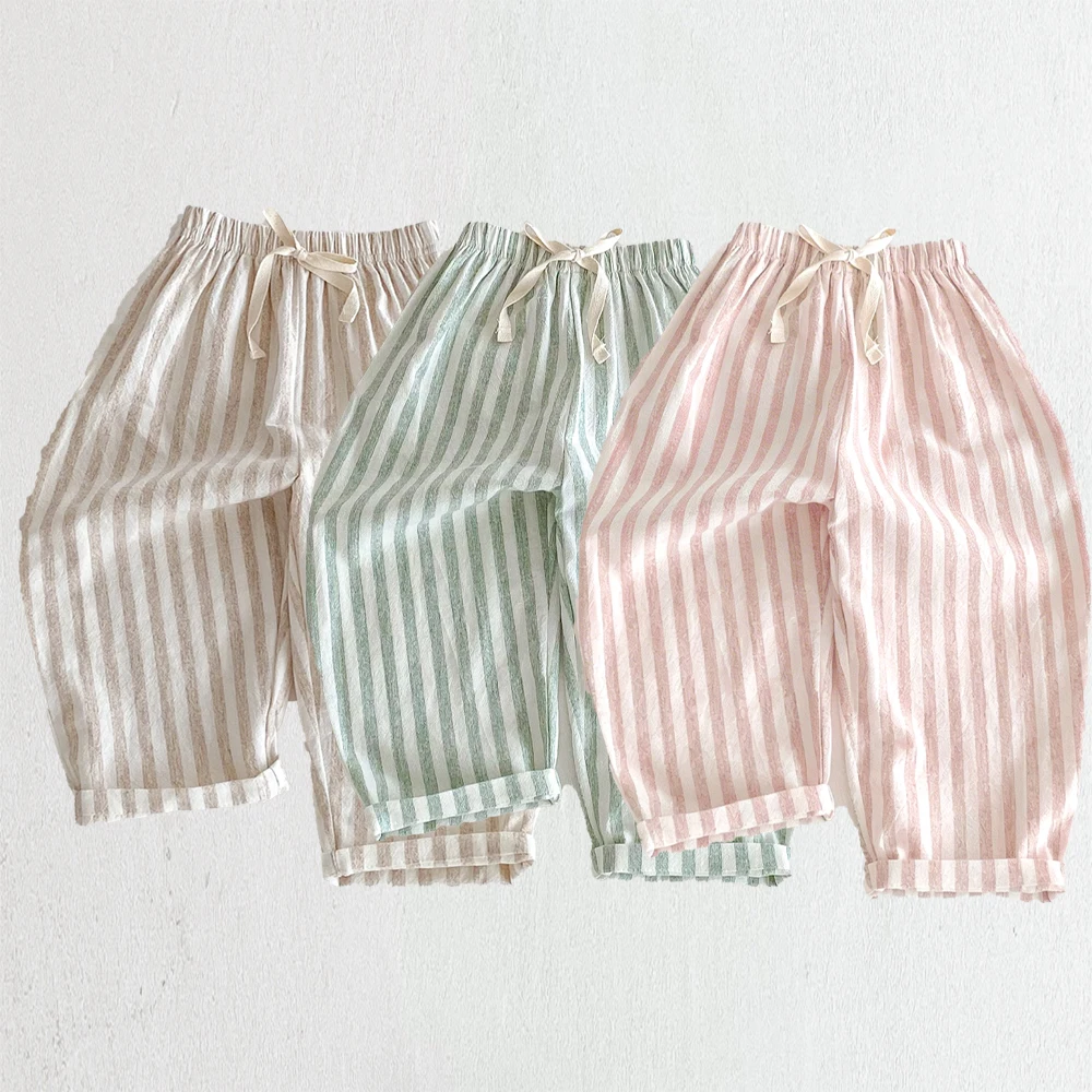 Pantalones de lino y algodón a rayas para niña con bolsillos vintage