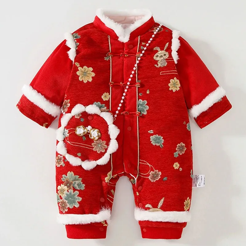 Mono de lana de invierno para niña pequeña rojo cálido con flores