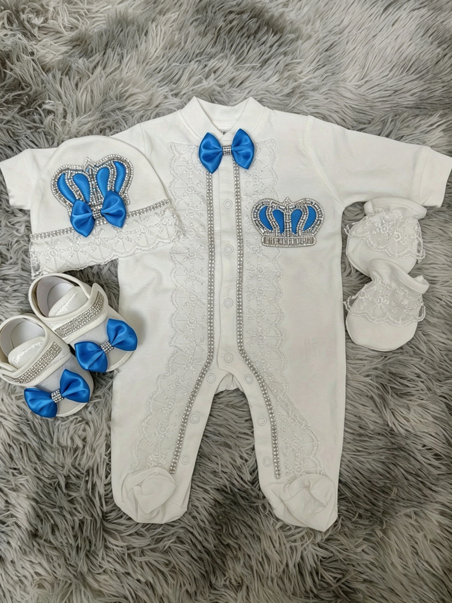 Traje de bautizo para bebé con encaje, gorro y manoplas unisex - imagen 4