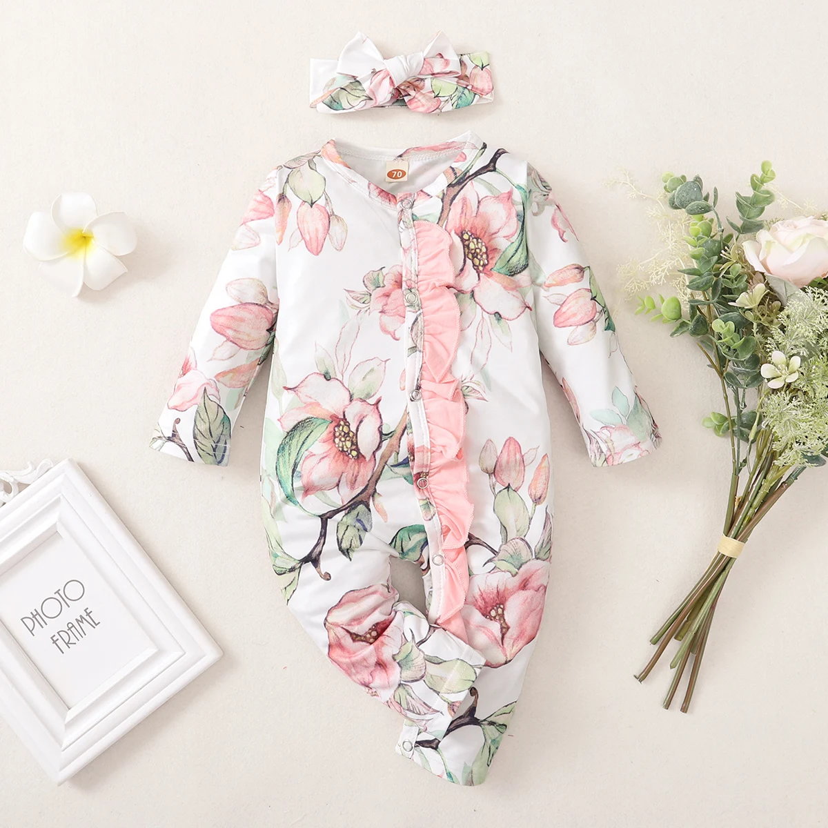 Pelele floral para bebé niña 0-18 meses con volantes y diadema