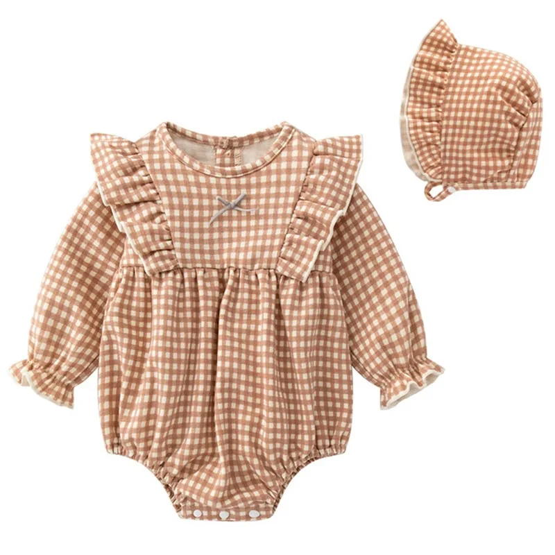 Mono bebé de cuadros algodón con lazo y gorrito para niña - imagen 3
