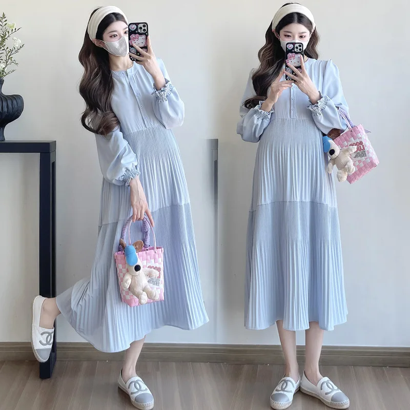 Vestido premamá largo estilo franco coreano corte V suelto para otoño - imagen 4
