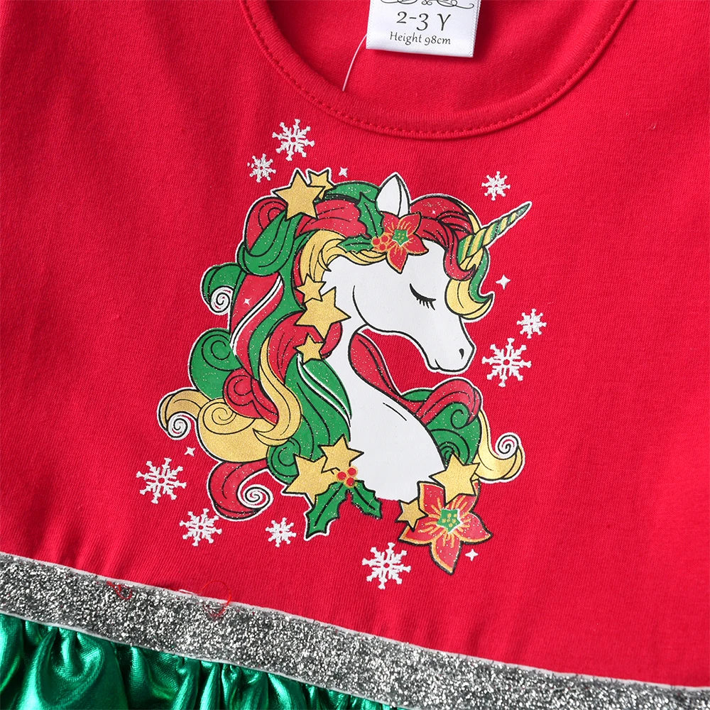 Vestido de Navidad infantil DXTON unicornio patchwork verde invierno - imagen 3