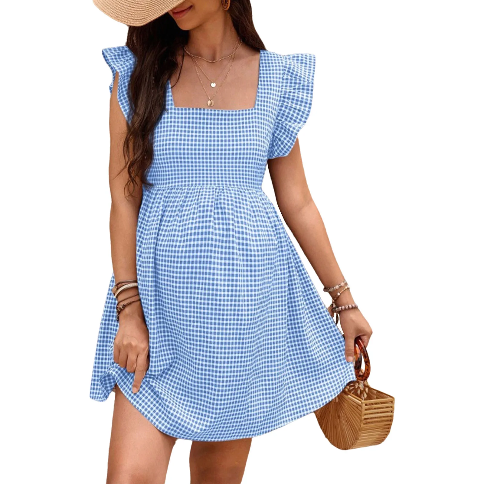 Vestido premamá de cuadros con volantes, manga corta, cuello cuadrado - imagen 5