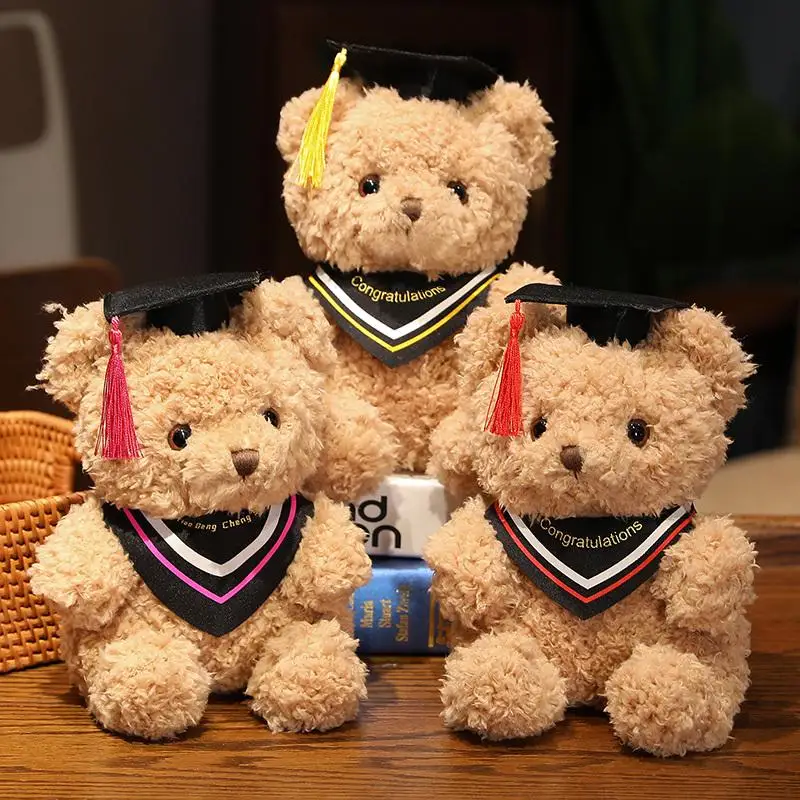 Oso de peluche graduación con bata académica, sentado