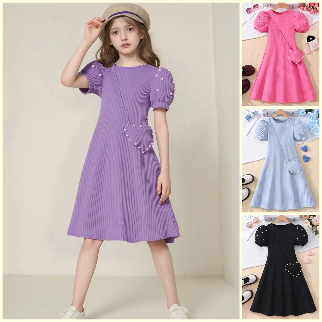 Vestido de verano para niña estilo retro morado manga corta clásico