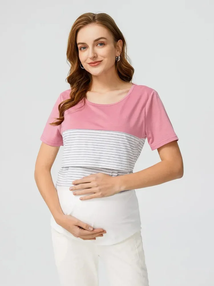 Camiseta maternidad manga corta – Estampado rayas y rosas - imagen 2