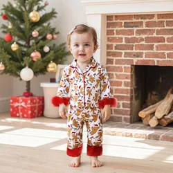 Conjunto de pijama navideño para niñas con lazo estampado