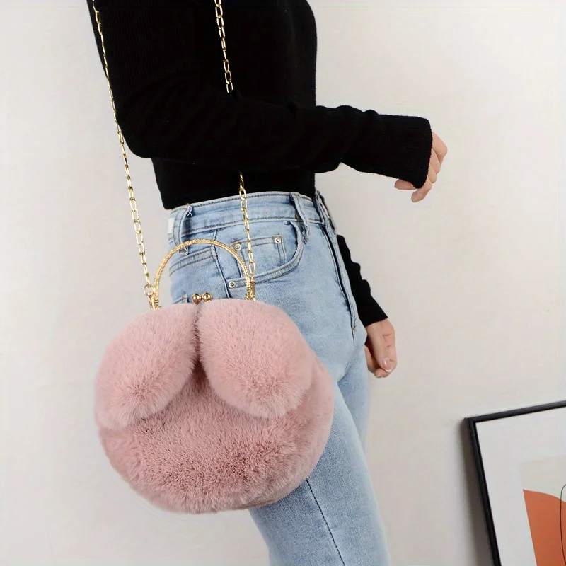 Bolso bandolera de felpa con orejas de conejo y cadena elegante - imagen 3