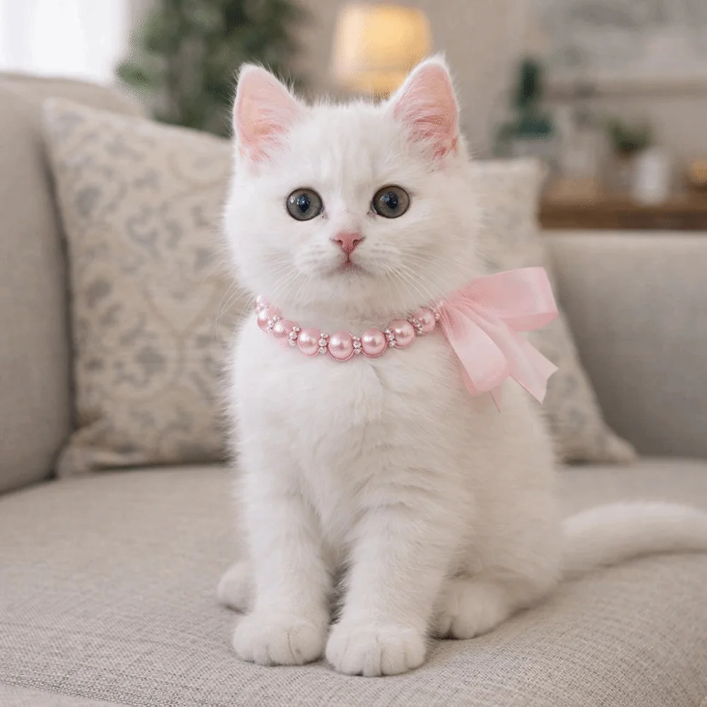 Collar de perlas ajustable para gatos con lazo elegante - imagen 3