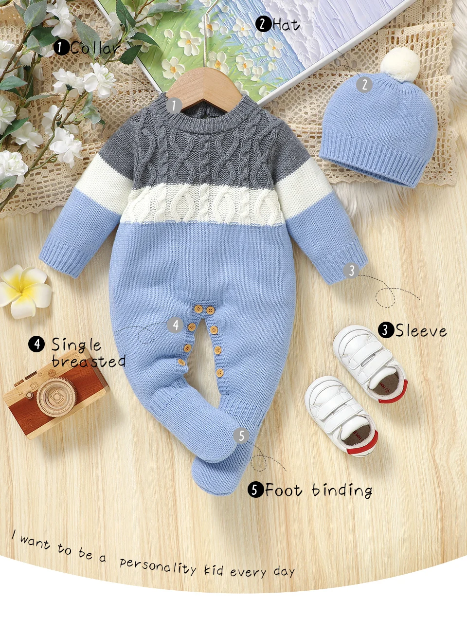 Vista del conjunto completo body y gorro de punto
